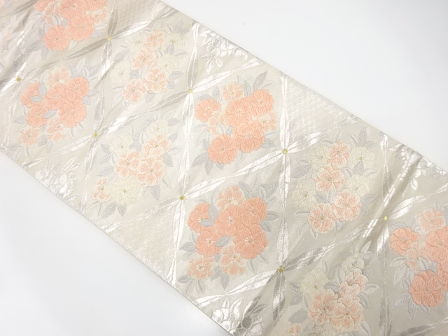 JAPANESE KIMONO / ANTIQUE FUKURO OBI / SILK / WOVEN GRID & FLOWER